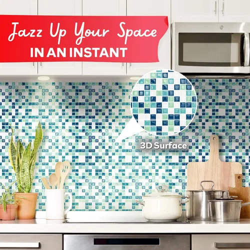 Miniatura 8 de XFasten 10 azulejos cuadrados para despegar y pegar para cocina, 10 unidades de 12 x 12 pulgadas con cortador, azulejo de mosaico cuadrado azul