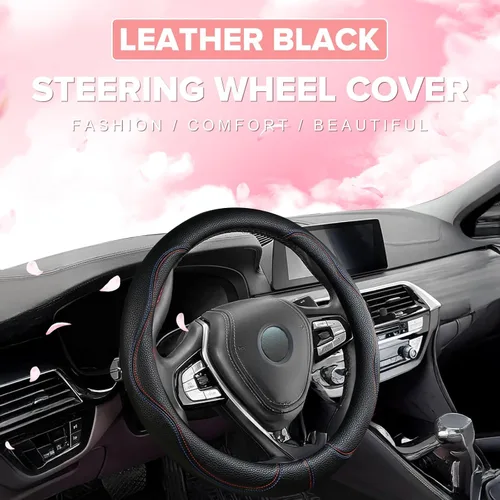 Miniatura 6 de Funda negra para volante de automóvil, antideslizante, transpirable, cómoda, de cuero PU, lindo protector universal, accesorios interiores de Rosa