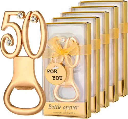 50 recuerdos dorados de fiesta de cumpleaños número 50 con diamantes de imitación, perfectos para invitados, 50 abridores de botellas de cerveza,