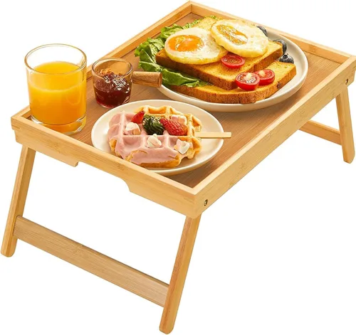 Miniatura 8 de Pipishell - Bandeja de bambú para cama con patas plegables, bandeja de desayuno para sofá, cama, comer, trabajar, se utiliza como bandeja de Negro