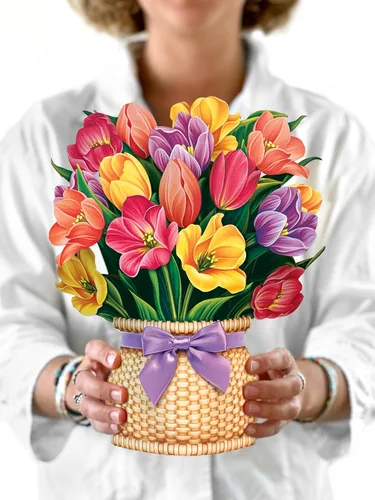 Freshcut Paper Tarjetas Pop Up, Tulipanes Festivos, Ramo de Flores Eternas de Tamaño Real de 12 Pulgadas, Tarjeta de Felicitación Emergente 3D,