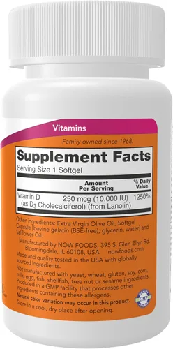 Miniatura 2 de Now Foods Suplementos, Vitamina D-3 10,000 UI, Máxima Potencia, Soporte Estructural*, 30 Cápsulas Blandas
