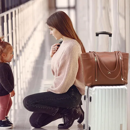 Miniatura 8 de miss fong Bolso de pañales tipo mochila de cuero, bolso grande para mamá, bolsa hospitalaria, 12 bolsillos, bolso de viaje para pañales con Marrón