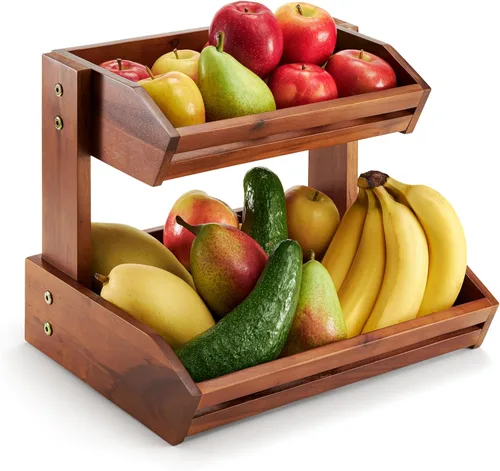 HOLANA Cesta de frutas de 2 niveles de acacia para organizador de encimera de cocina – Tazón de frutas de madera y cesta de madera para