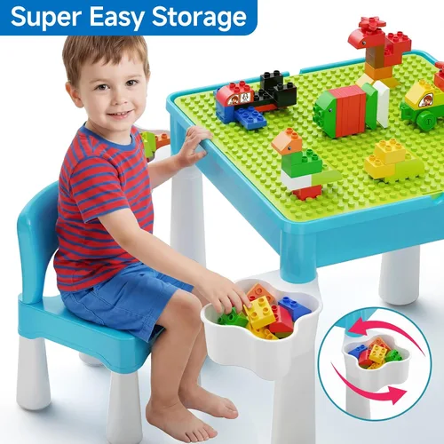 Miniatura 5 de Burgkidz Juego de mesa de actividades y sillas 5 en 1 con almacenamiento, 128 bloques de construcción compatibles con las principales marcas
