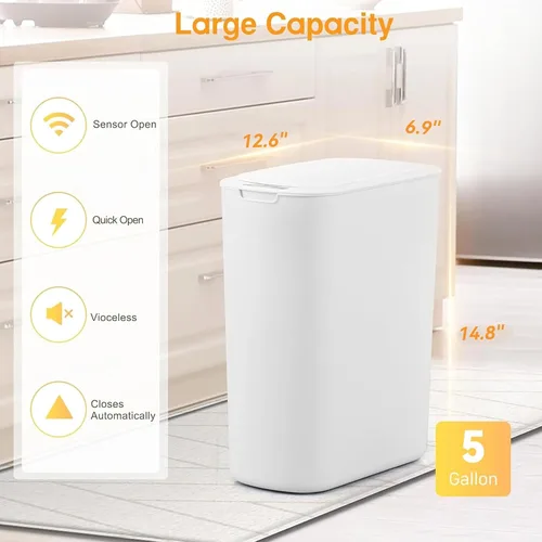 Miniatura 2 de Basurero de baño con tapa de 5 galones, color blanco, sin contacto, automático, sin contacto, para cocina, dormitorio, oficina, sala de estar