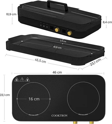 Miniatura 8 de COOKTRON Placa de inducción portátil de 2 quemadores con parrilla de hierro fundido removible antiadherente, placa de inducción doble de 1800W