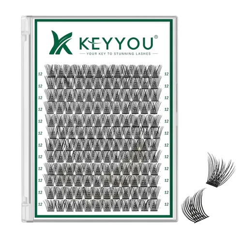 Miniatura 86 de KEYYOU Racimos de pestañas, 96 piezas de extensiones de pestañas DIY, rizado D de 16 mm, negro, realista, no irritante, fácil de colocar en casa