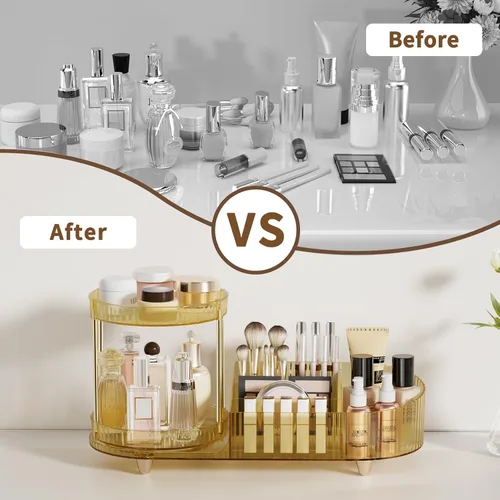 Miniatura 6 de Organizador de maquillaje giratorio para tocador, 2 bandejas de perfume con 5 compartimentos, almacenamiento de cosméticos y cuidado de la piel