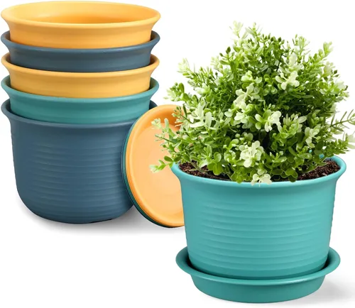 Miniatura 8 de Paquete de 6 macetas para plantas de interior, macetas con orificio de drenaje y platillo de bandeja, maceta de 7 pulgadas, macetas de 6 pulgadas