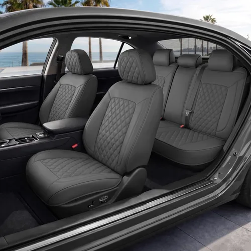 Miniatura 34 de MotorBox Haven Series - Fundas de asiento de piel de napa, para automóviles, edición Lux, fundas de asiento delantero con costuras de diamante