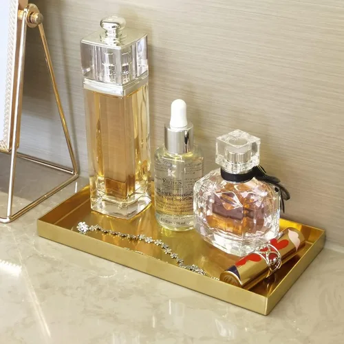 Miniatura 5 de Freelove Bandeja de Tocador de Metal Dorado con Lijado y Letras, Organizador de Perfumes, Soporte para Joyas, Plato para Maquillaje, Bandeja
