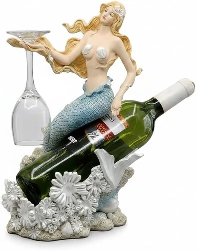 Comfy Hour Soporte para botella de vino de sirena de 13 pulgadas, escultura náutica decorativa de vida marina para mesa, figura de dama de fantasía