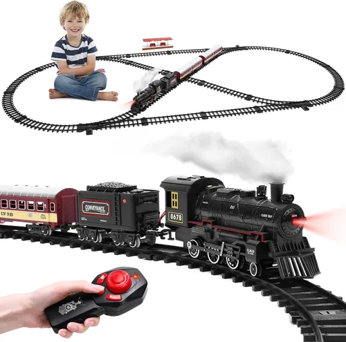 Conjunto de tren para niños, locomotora con control remoto bajo el árbol de Navidad, tren eléctrico de juguete con vagones y vías largas, regalo de