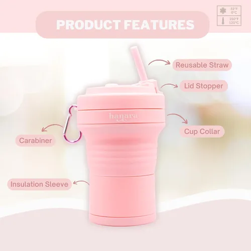 Miniatura 2 de HANARA Taza plegable con popote reutilizable – 18 Oz (550 ml), taza de viaje portátil, sin BPA, a prueba de fugas, apta para microondas y Rosa