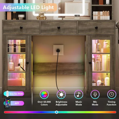 Miniatura 6 de HUANLEGO Tocador Negro con Espejo y Luces, Tocador con Superficie de Cristal con Espejo Iluminado y Gabinete de Vidrio RGB y 3 Cajones, Tocador