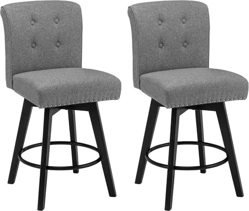 Miniatura 8 de Juego de 2 taburetes de bar giratorios de 360° con botón acolchonados, taburetes de bar tapizados de 26 pulgadas con patas de madera maciza