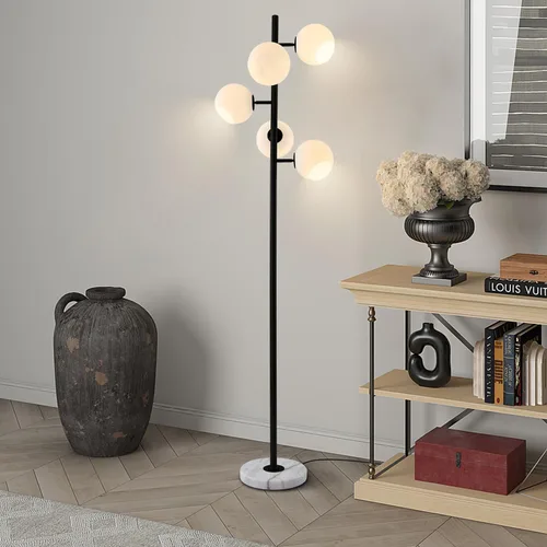 Miniatura 6 de KCO Lighting Five Globe - Lámpara de pie moderna de mediados de siglo, pantalla de vidrio de leche, acabado negro, base de mármol para sala de estar