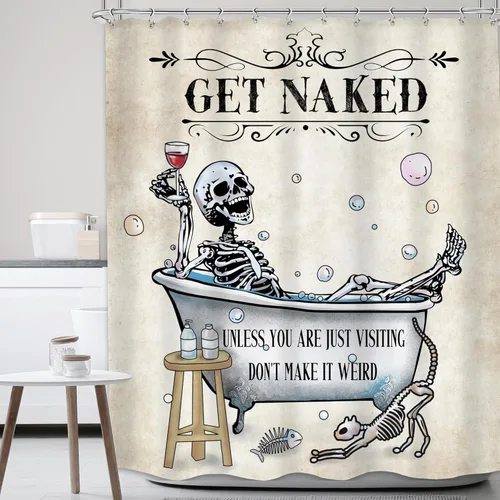 Miniatura 2 de Cortina de Ducha Divertida de Calavera Esqueleto de Halloween 60Wx72H Gótica Espeluznante Única Genial Hueso en Bañera Burbujas Horror Gato Pez