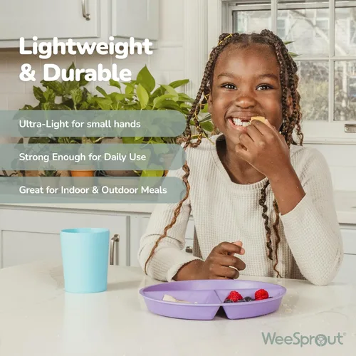 Miniatura 5 de WeeSprout platos divididos de bambú y melamina para niños - Juego de 4 vajillas para niños pequeños, grado alimenticio, seguro para niños con diseño