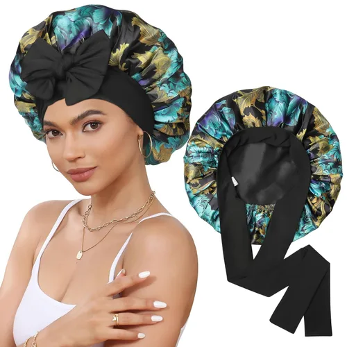 Miniatura 14 de Gorro de satén de seda para dormir, gorro de seda de doble capa con banda elástica para cabello rizado Negro+marrón