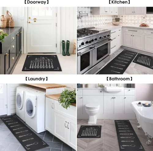 Miniatura 4 de Alfombras y tapetes negros de cocina antideslizantes, lavables, absorbentes, de microfibra, para piso, juego de 2 tapetes de cocina negros