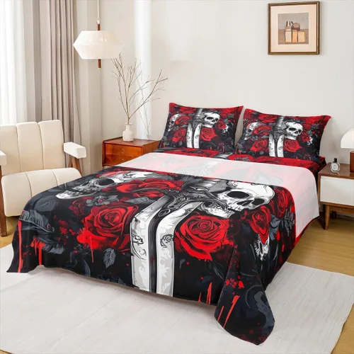 Miniatura 25 de Erosebridal Juego de sábanas de polilla de la muerte, diseño de calavera gótica, tamaño individual, juego de sábanas de flores botánicas con diseño