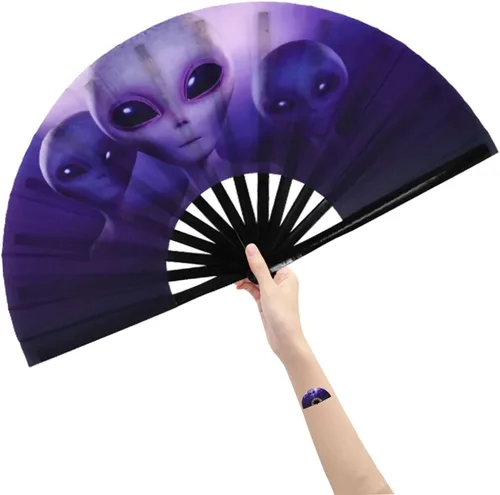 Miniatura 24 de Abanico grande plegable de mano para baile de línea, abanico de clic para botas en el suelo, para baile, fiesta, decoración, festival (Alien)