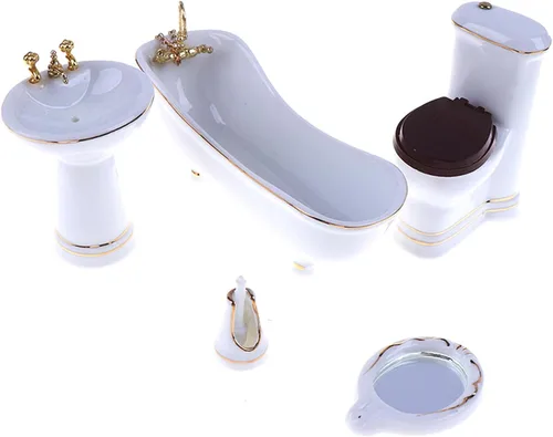 Miniatura 5 de 1:12 Juego de baño de porcelana en miniatura para casa de muñecas, 5 piezas, lavabo de cerámica blanca, espejo de bañera, muebles en miniatura