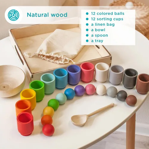 Miniatura 9 de Ulanik Pelotas en tazas Montessori Juguetes para niños de 1 año + niños preescolares juegos de madera a juego para aprender clasificación
