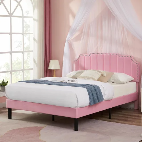 Miniatura 12 de VECELO Base de cama tapizada de terciopelo tamaño Queen con ribete de clavos, cabecera ajustable en altura copetuda, cama vintage con listones
