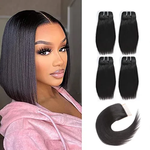 Miniatura 13 de Paquetes de cabello humano corto de 8 pulgadas 10A, pelo brasileño lacio virgen 100% cabello humano liso sin procesar, 4 paquetes 50g/Und
