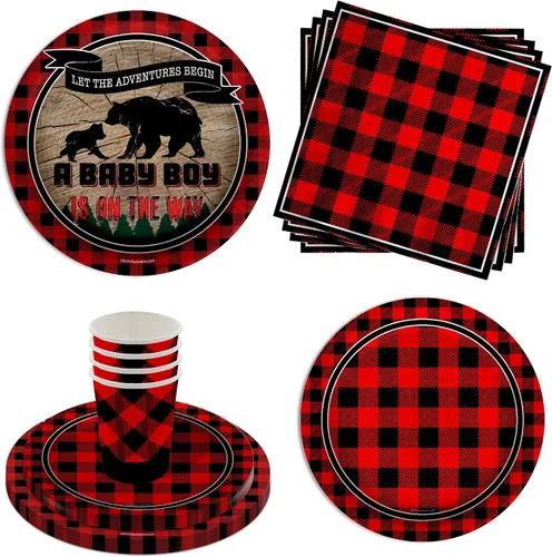 Miniatura 9 de Tree Lumberjack Outdoor - Juego de suministros para fiesta de cumpleaños, platos, servilletas, tazas, vajilla para 16