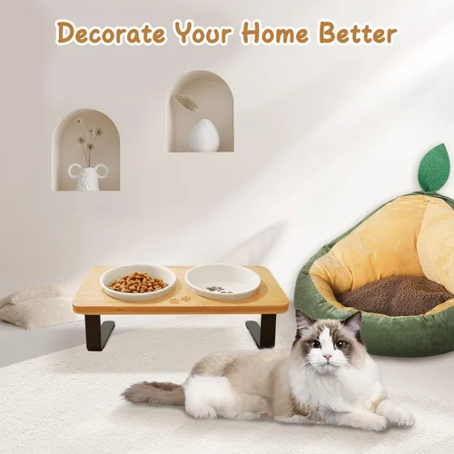 Miniatura 7 de Cuencos elevados de cerámica para gatos con inclinación de 10°, antivómitos y bigotes, cuencos para alimentos y agua con soporte de bambú