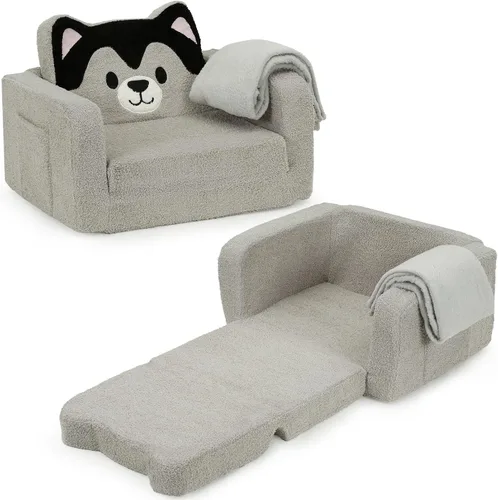 Miniatura 11 de Foryoomi Sofá para niños, sofá de bebé de 2 en 1 suave con manta plegable, silla cómoda, sofá de felpa convertible plegable, regalos para niños Oso