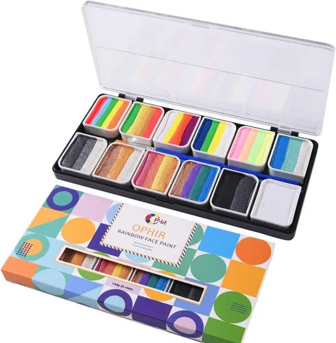 OPHIR Rainbow - Kit de pintura facial profesional para niños y adultos, paleta de pintura corporal de 5.08 oz con colores mate, perla y neón, 2