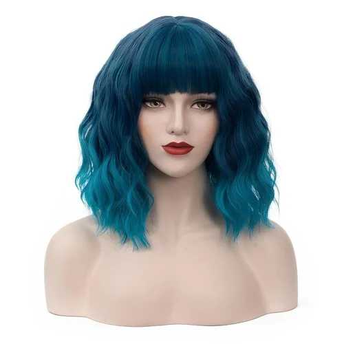 Miniatura 23 de BUFASHION Peluca rizada corta ondulada de 14 pulgadas para mujer, peluca sintética para cosplay, Halloween, peluca con flequillo lateral (negro)