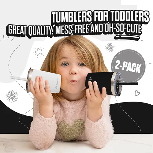 Miniatura 2 de tweevo Vasos para niños pequeños de 1 a 3 años con tapas de rosca, vasos de acero inoxidable para niños con pajitas y tapas, paquete de 2