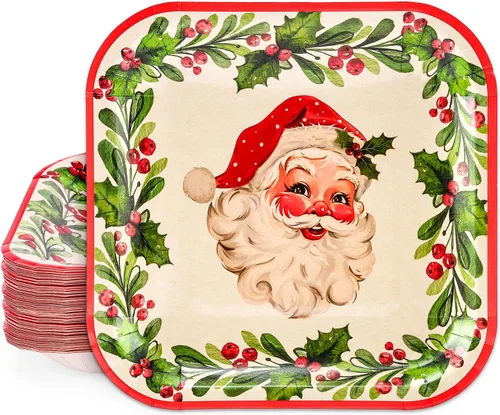 Whaline Platos cuadrados de papel de Navidad, 40 piezas vintage de Papá Noel, corona de Navidad, vajilla desechable, suministros de vacaciones para