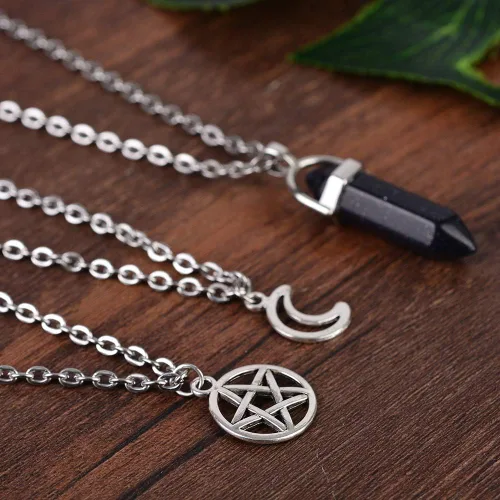 Miniatura 3 de MJartoria Collar de pentagrama de luna collar de chakra de cristal colgante con dije cadena de aleación multicapa conjunto de gargantilla joyería