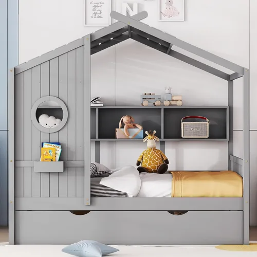 SOFTSEA Cama de plataforma de tamaño matrimonial con nido y estantes de almacenamiento, marco de cama de madera con listones de soporte, cama en