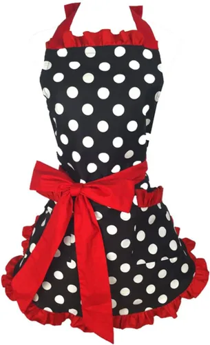 Miniatura 10 de Hyzrz Lindo delantal retro negro de lunares retro con volantes laterales vintage delantales de cocina con bolsillos para mujeres y niñas (lado azul)
