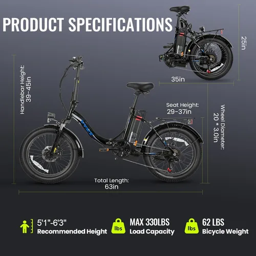 Miniatura 5 de Vivi Bicicleta eléctrica 20 "x3.0 MT20UL Fat Tire Bicicleta eléctrica con 48V 499.2WH batería extraíble