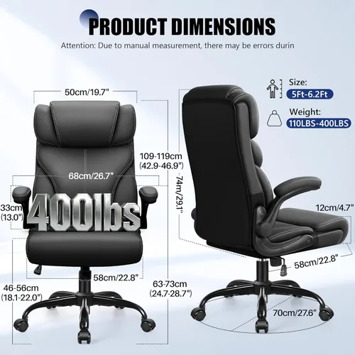 Miniatura 2 de Primy Silla de oficina, silla de escritorio ergonómica de cuero con reposabrazos abatibles, respaldo alto grande y alto, silla ejecutiva para Negro