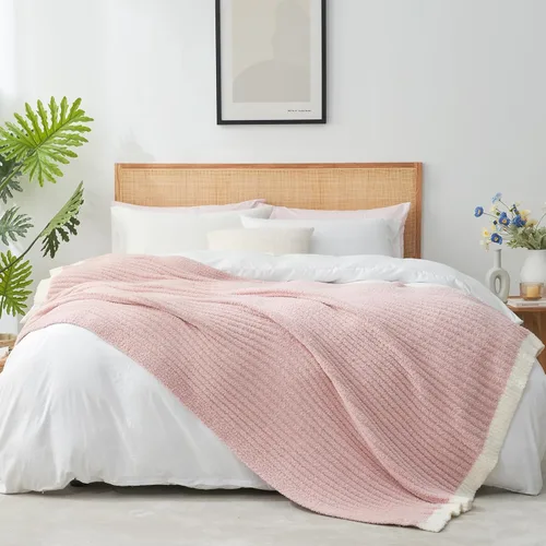 Miniatura 7 de Snuggle Sac Manta de Punto Rosa para Sofá, Mantas Suaves y Acogedoras con Ribete Esponjoso para Mujeres, Mantas de Microfibra Cálidas y Lindas
