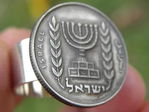 Miniatura 2 de Jewish men women signet ring authentic Israel Menorah 1/2 Lira coin sterling silver band nice gift Hanukkah Bar & Bat Mitzvah