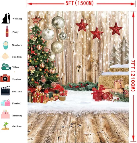 Miniatura 6 de 1.5x2.1m Telones de Fondo de Navidad para Fotografía, Telón de Fondo de Nieve de Invierno, Telón de Fondo Rústico de Piso de Madera, Telón de Fondo