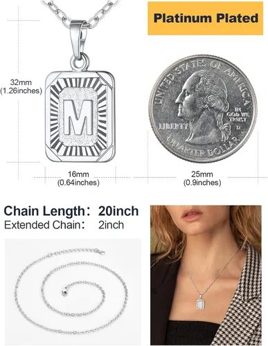 Miniatura 4 de U7 Collar con monograma A-Z 26 letras colgantes chapado en oro de 18 quilates, chapado en platino, collares cuadrados con inicial mayúscula