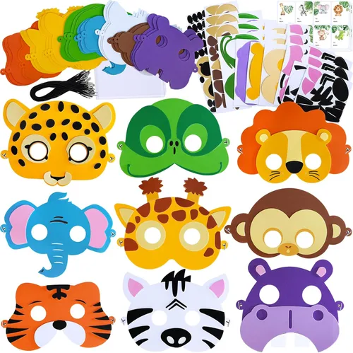 Winlyn 27 juegos de máscaras de animales de la selva, kits de manualidades, máscaras faciales de animales de safari, máscaras de espuma para fiestas