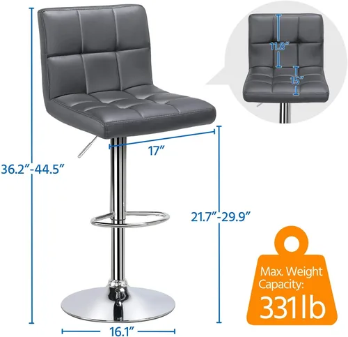 Miniatura 3 de Topeakmart Taburetes de bar modernos ajustables de cuero sintético giratorio, silla trasera de isla de cocina, taburete giratorio de bar, gris